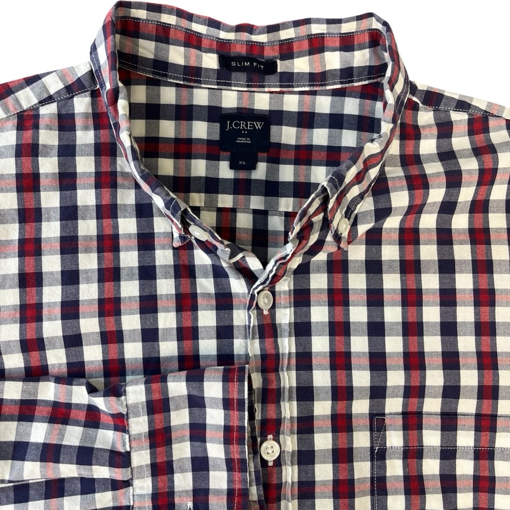 J CREW MENS XL BLUE RED WHITE CHECK LONG SLEEVE BUTTON UP SHIRT SLIM FIT‎ EUC